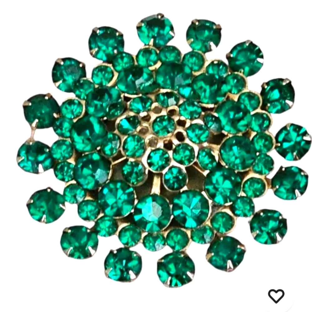 Weiss signed Emerald GLASS Rhinestone gold-tone brooch 2" VINTAGE PIN PRONG Set